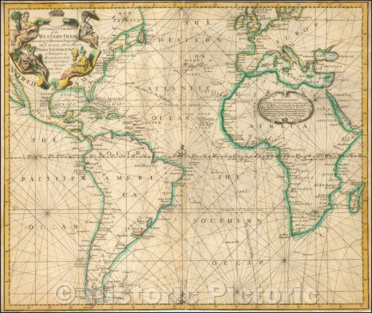 Historic Map - A Correct Chart of the Western Ocean according to Mercator's Projection, 1728, Charles Price - Vintage Wall Art