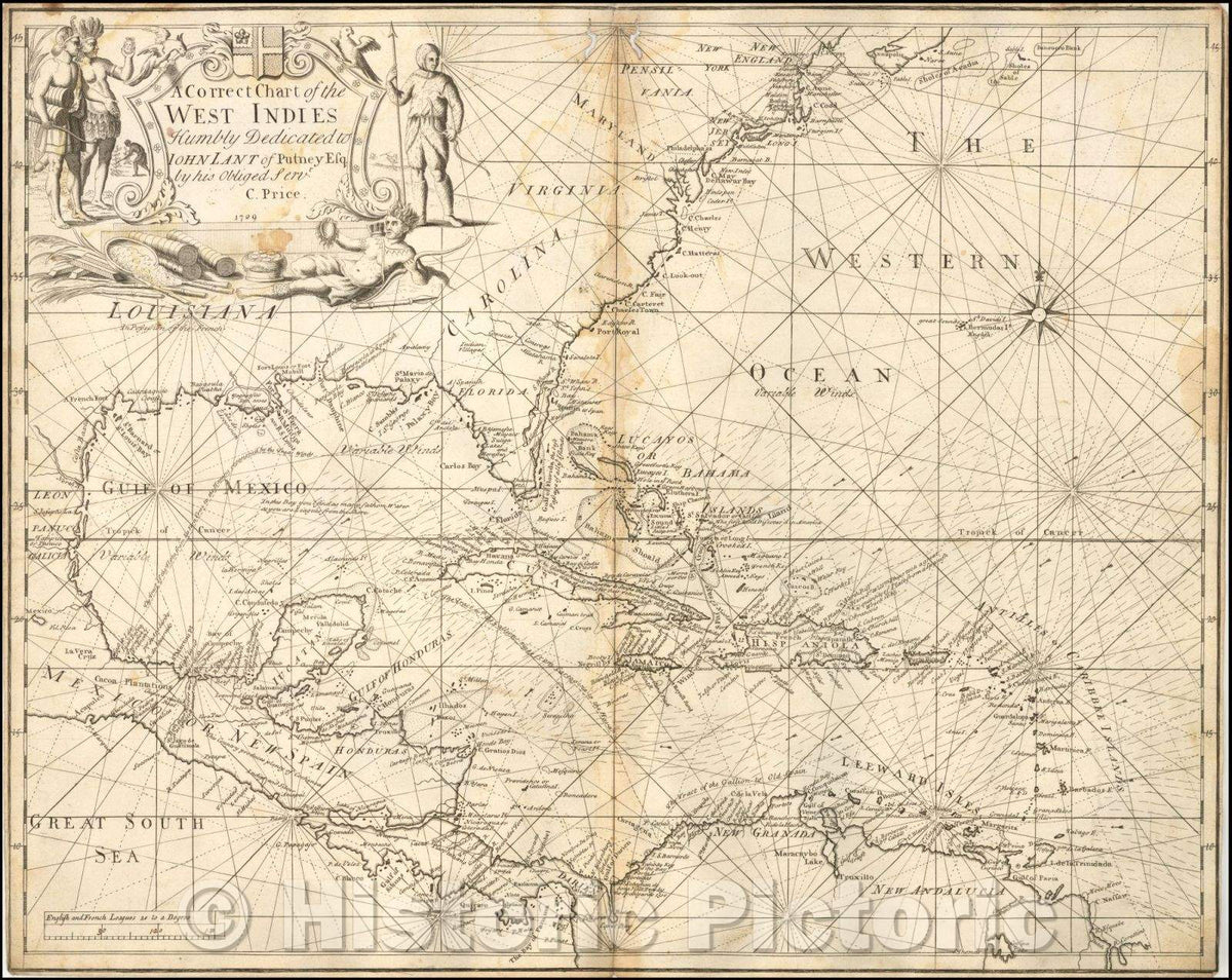 Historic Map - A Correct Chart of the West Indies, 1729, Charles Price - Vintage Wall Art