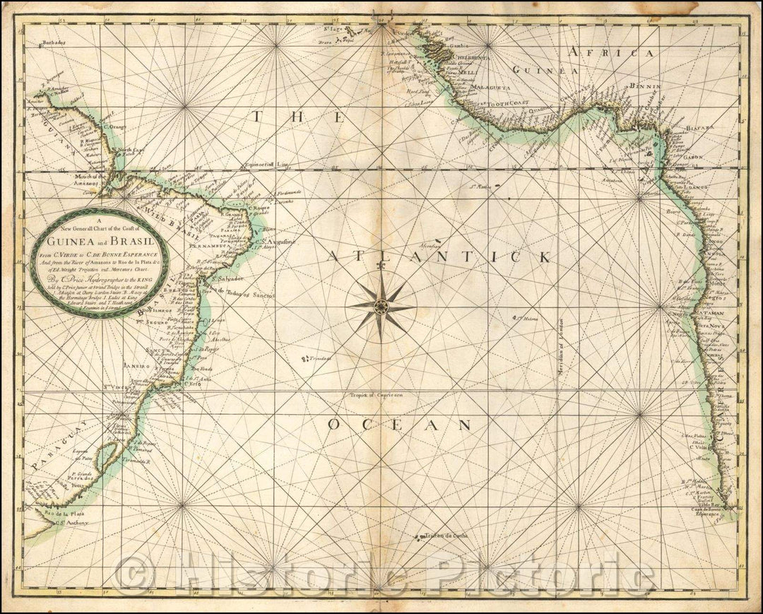 Historic Map - Chart of the Coast of Guinea and Brasil From C. Virde to C. de Bonne Esperance And from the River of Amazons to Rio de la Plata, 1728 - Vintage Wall Art