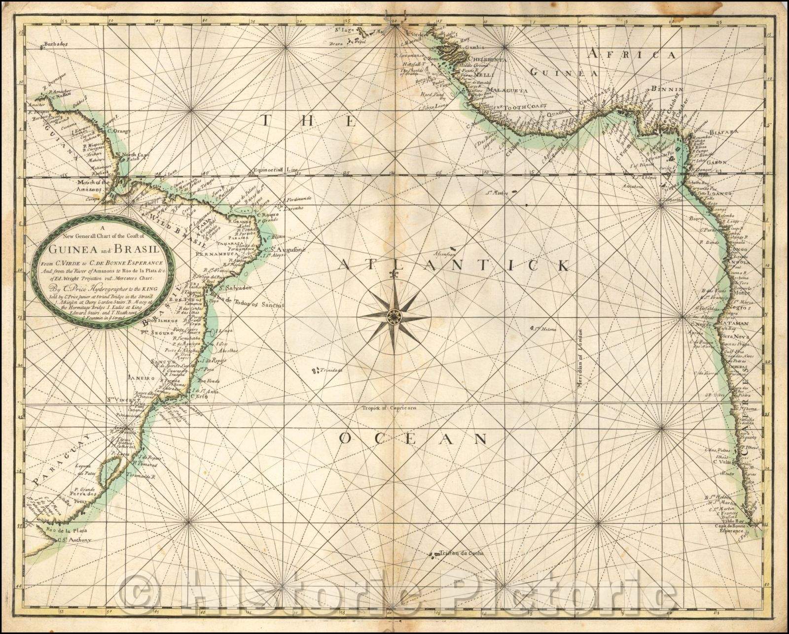 Historic Map - Chart of the Coast of Guinea and Brasil From C. Virde to C. de Bonne Esperance And from the River of Amazons to Rio de la Plata, 1728 - Vintage Wall Art