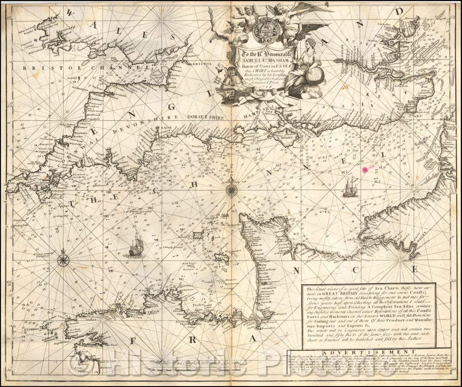 Historic Map - English Channel, 1729, Charles Price - Vintage Wall Art