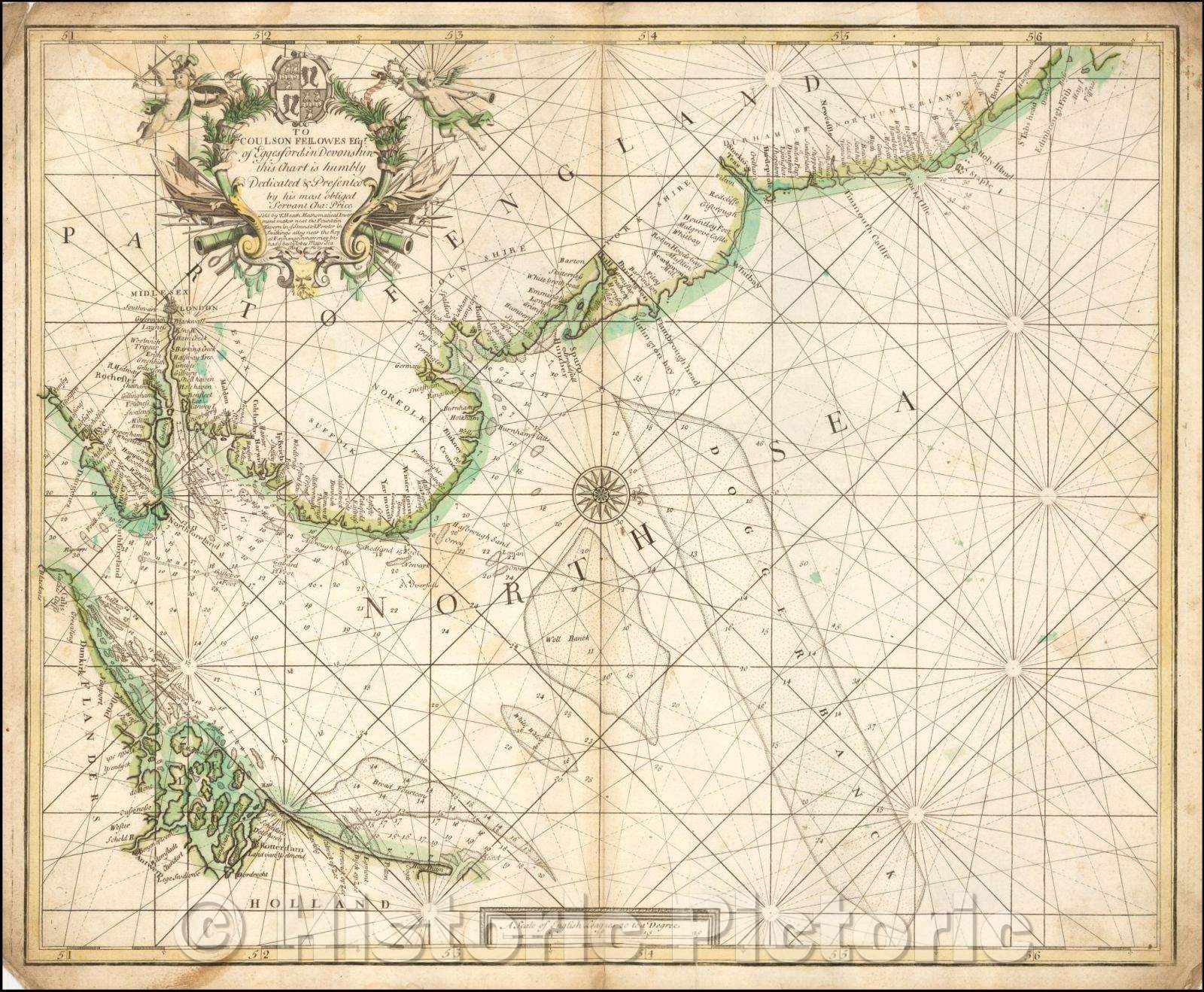 Historic Map - English Coast & North Sea, 1730, Charles Price - Vintage Wall Art