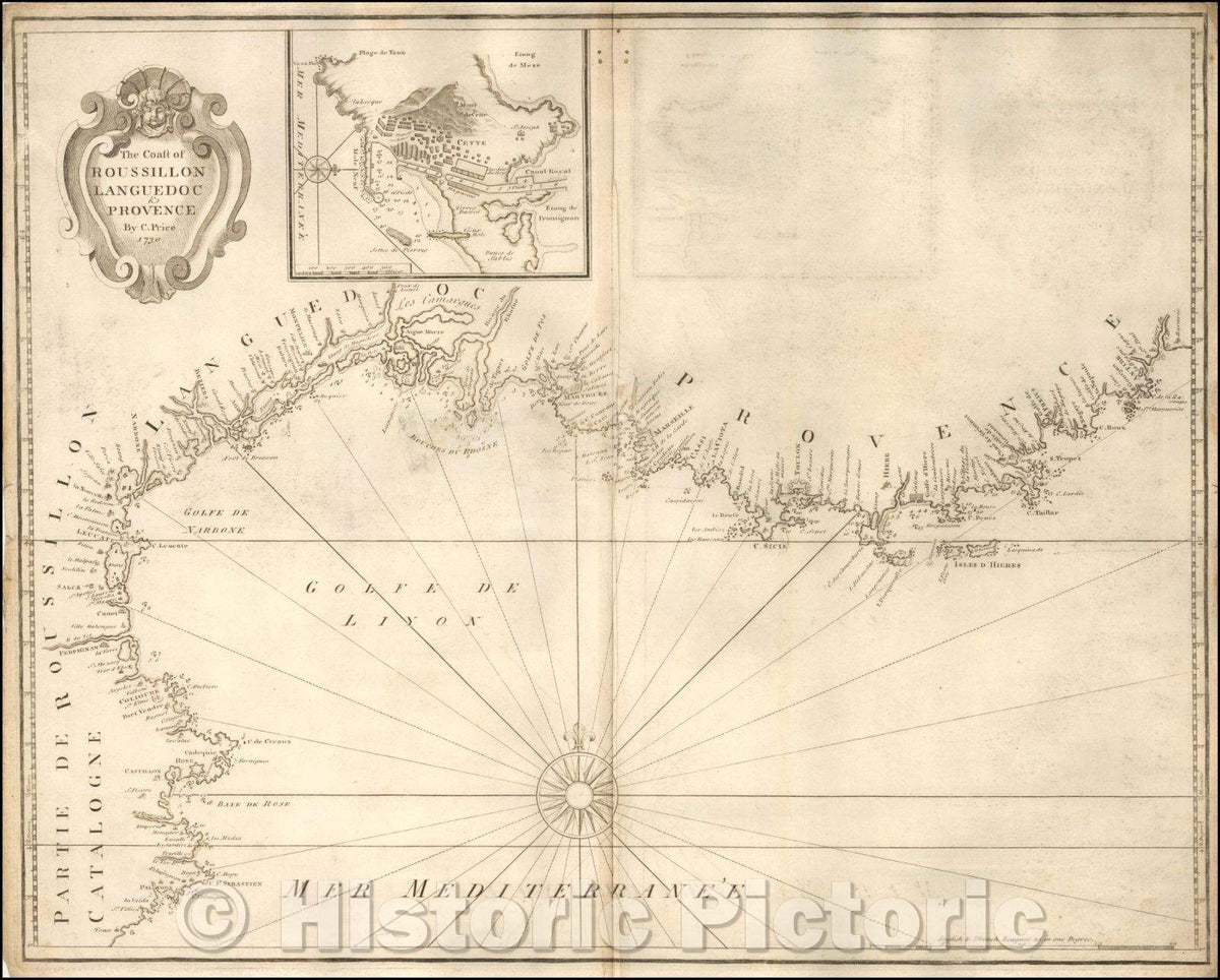 Historic Map - The Coast of Roussillon Languedoc & Provence, 1730, Charles Price - Vintage Wall Art