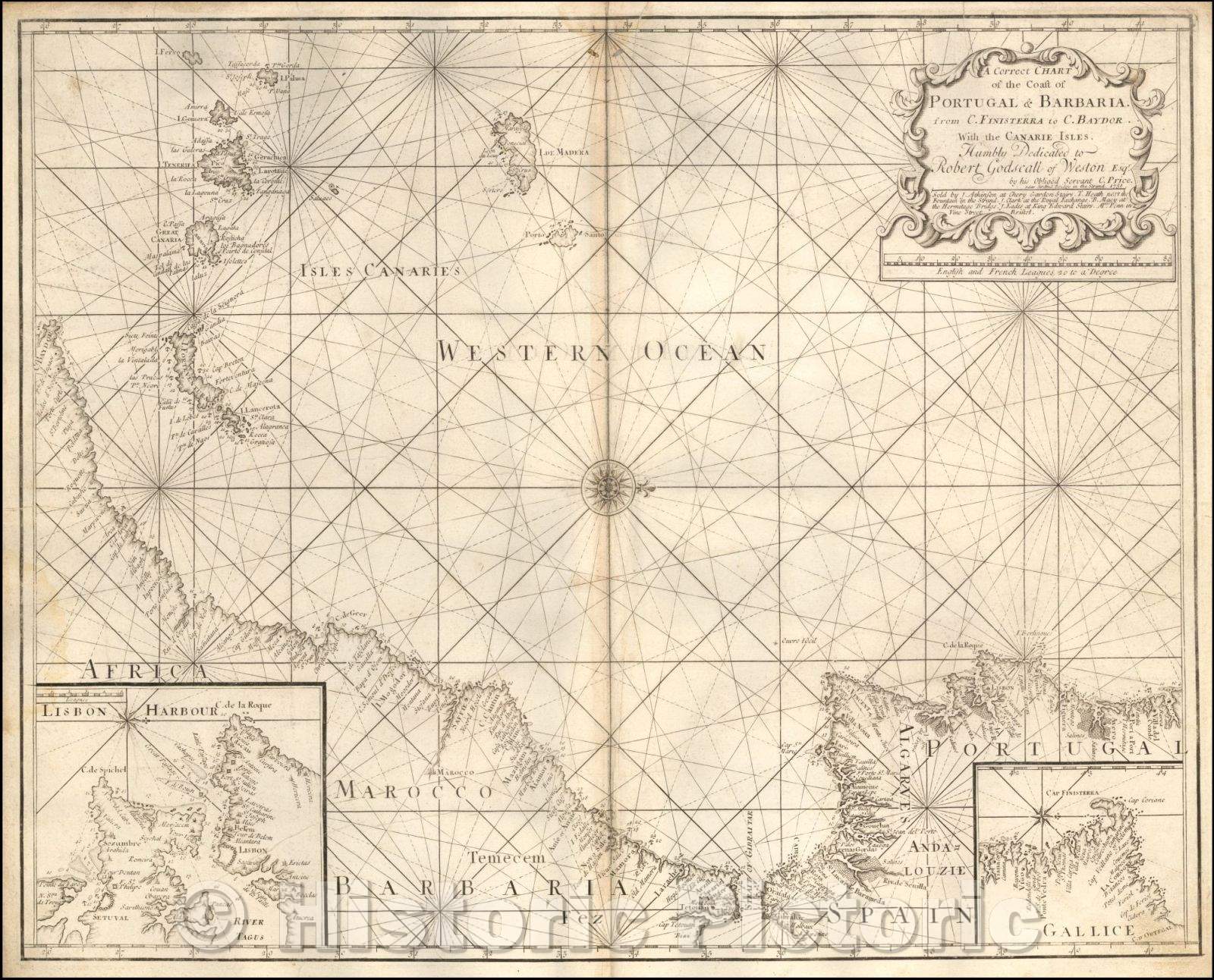 Historic Map - A Correct Chart of the Coast of Portugal & Barbaria, 1731, Charles Price - Vintage Wall Art