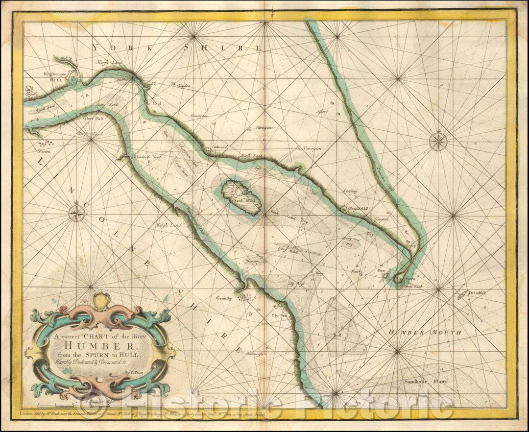 Historic Map - A correct Chart of the River Humber from the Spurn to Hull, 1730, Charles Price - Vintage Wall Art
