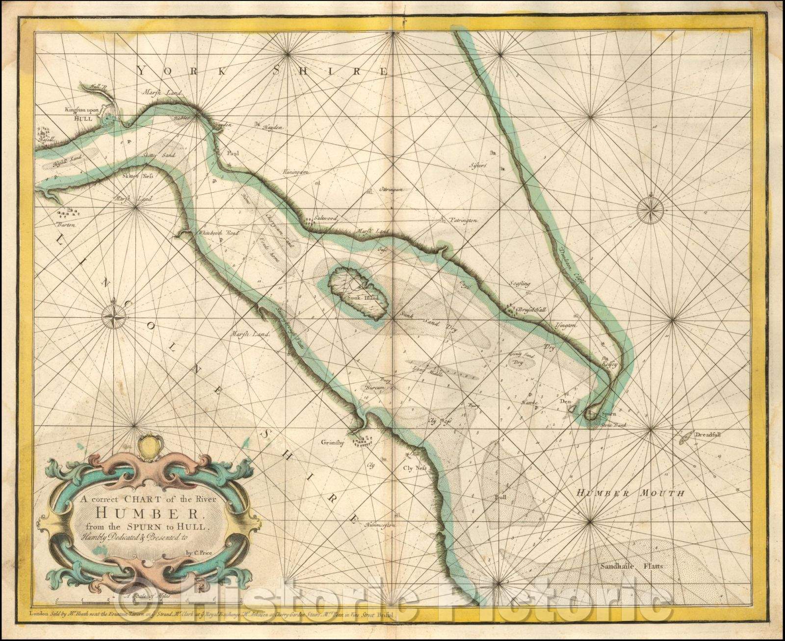Historic Map - A correct Chart of the River Humber from the Spurn to Hull, 1730, Charles Price - Vintage Wall Art