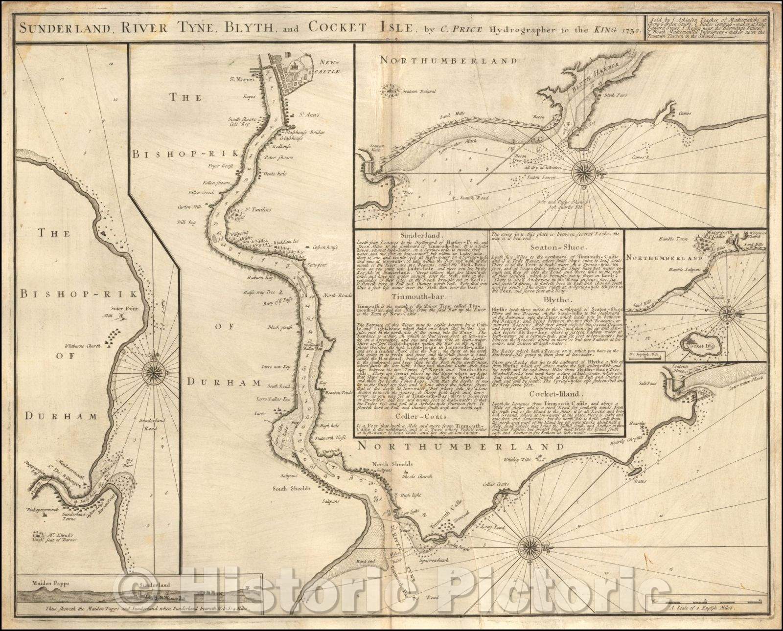 Historic Map - River Tyne, Blyth, and Cocket Isle, 1730, Charles Price - Vintage Wall Art