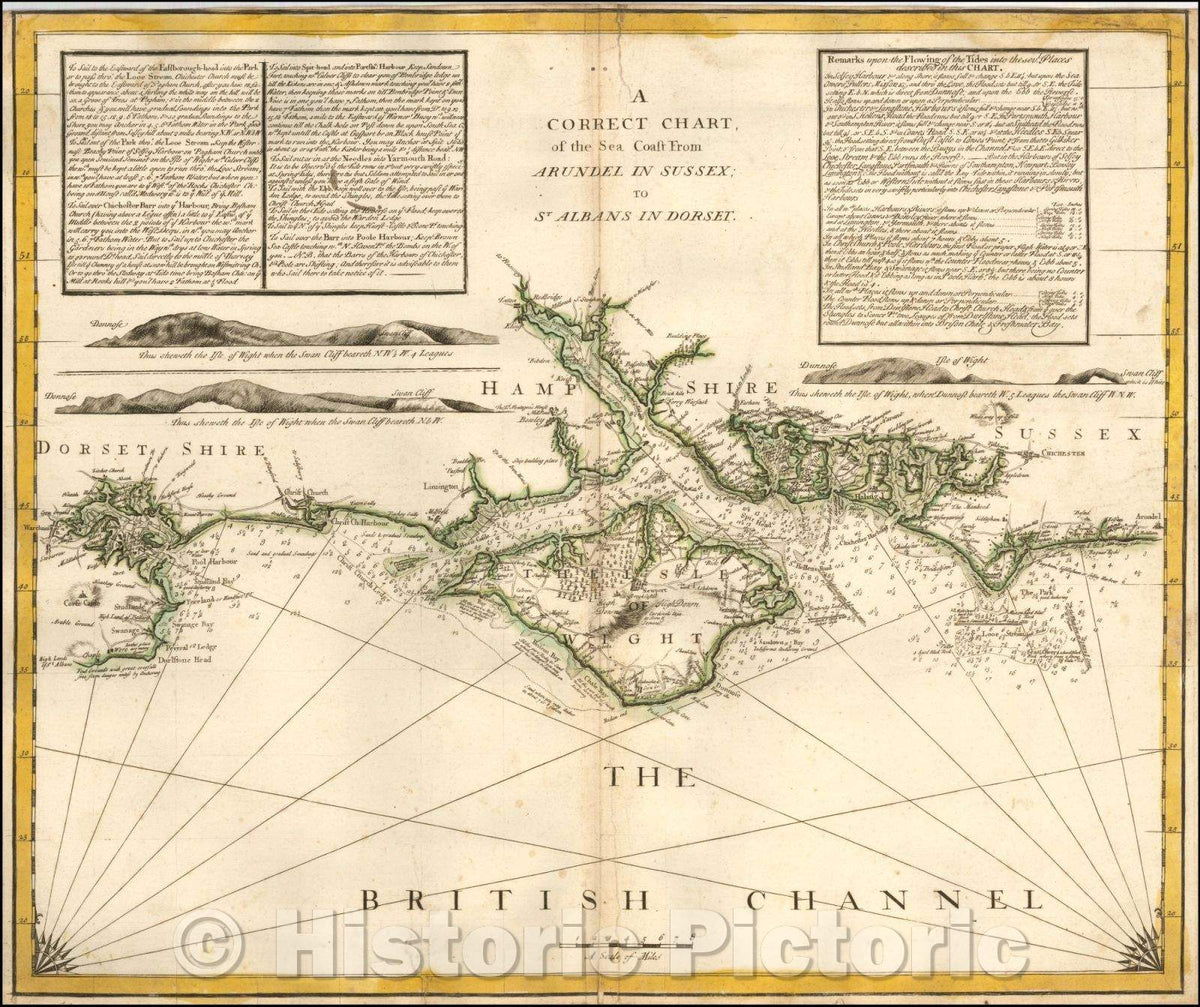 Historic Map - A Correct Chart, of the Sea Coast from Arundel in Sussex to St. Albans in Dorset, 1730, Charles Price - Vintage Wall Art