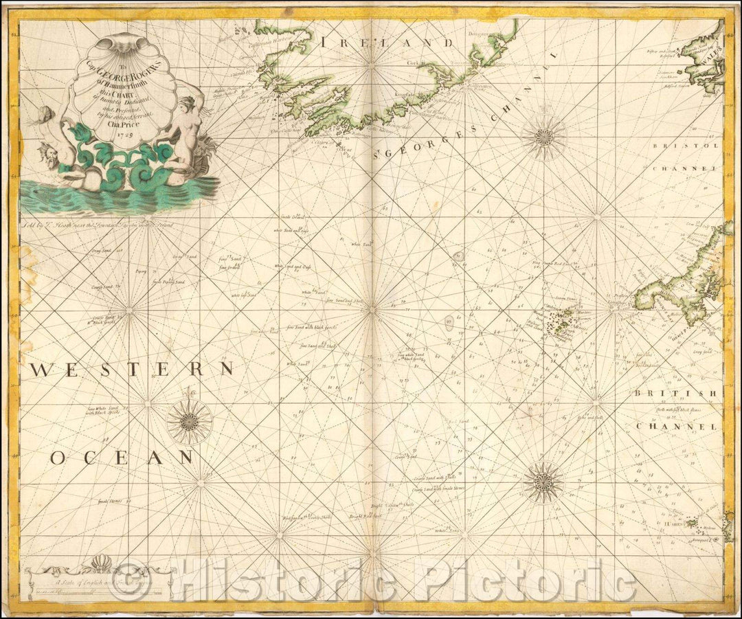 Historic Map - Southern Coast of Ireland, St. George's Channel and Part of Cornwall, 1729, Charles Price - Vintage Wall Art