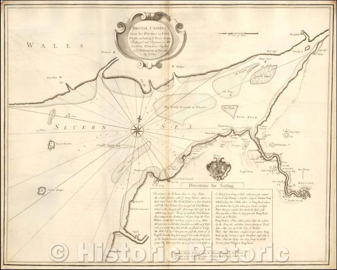 Historic Map - Bristol Channel from the Holmes to King Road, including ye River Avon, 1730, Charles Price - Vintage Wall Art