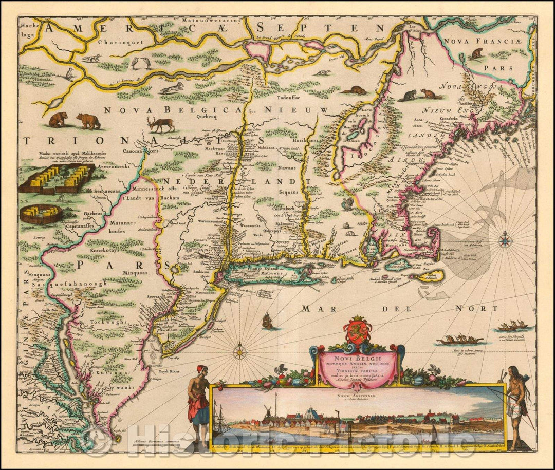 Historic Map - Novi Belgii Novaeque Angliae Nec Non partis Virginiae Tabula multis in locis emendata, 1656, Nicolaes Visscher I - Vintage Wall Art