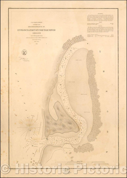 Historic Map - Reconnaissance of Entrance & Part of Coquille River Oregon, 1861, United States Coast Survey - Vintage Wall Art