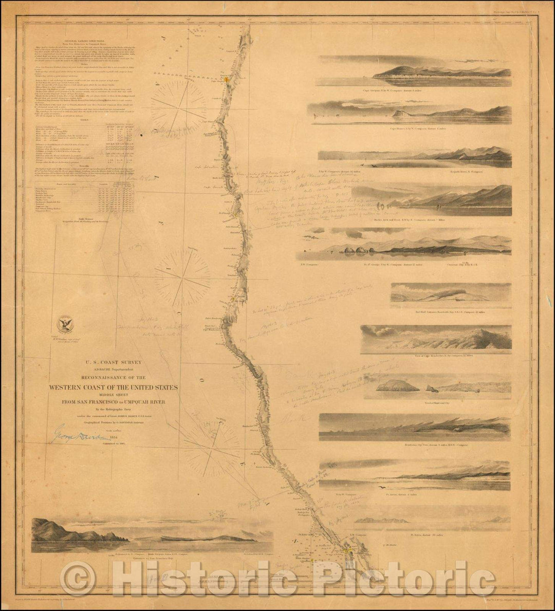 Historic Map - Sebastian Vizcaino Expedition to show the true course of the 1603 Martin D'Aguilar Tracks north of Monterey, 1854, United States Coast Survey - Vintage Wall Art