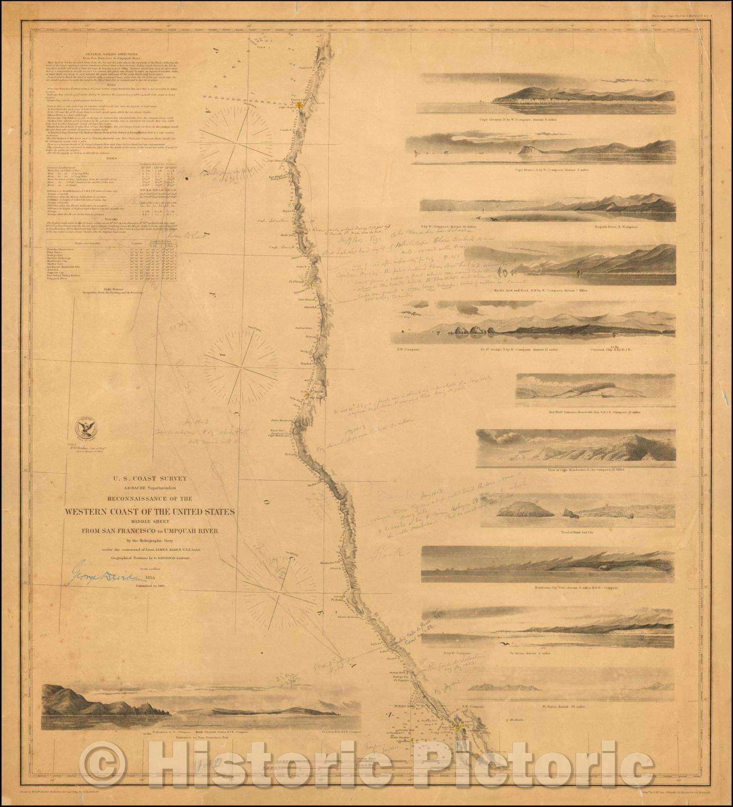 Historic Map - Sebastian Vizcaino Expedition to show the true course of the 1603 Martin D'Aguilar Tracks north of Monterey, 1854, United States Coast Survey - Vintage Wall Art