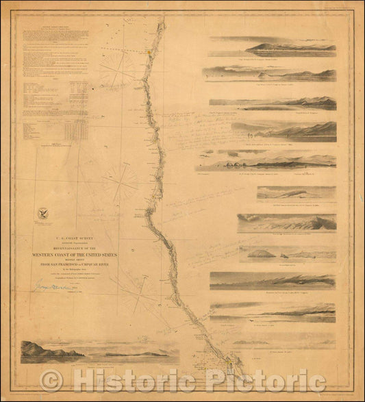 Historic Map - Sebastian Vizcaino Expedition to show the true course of the 1603 Martin D'Aguilar Tracks north of Monterey, 1854, United States Coast Survey - Vintage Wall Art