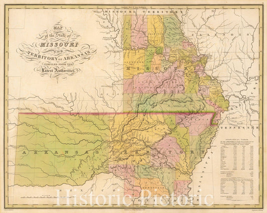 Historic Map - Map of the State of Missouri and Territory of Arkansas complied from the Latest Authorities, 1826, Anthony Finley - Vintage Wall Art