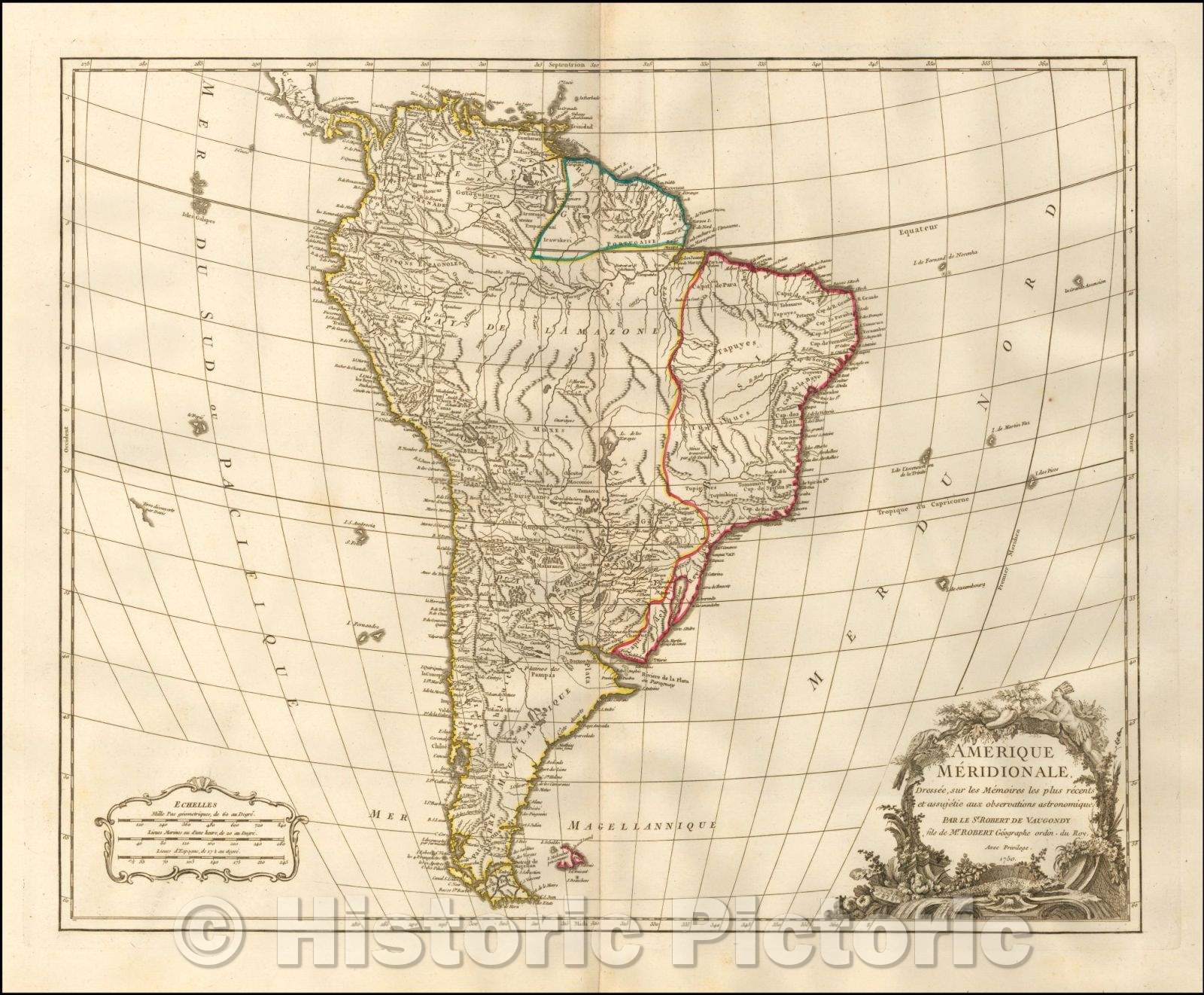 Historic Map - Amerique Meridionale, Dressee, sur les Memoires les plus recentes et assujetie aux observations astronomiques, 1757, Didier Robert de Vaugondy - Vintage Wall Art