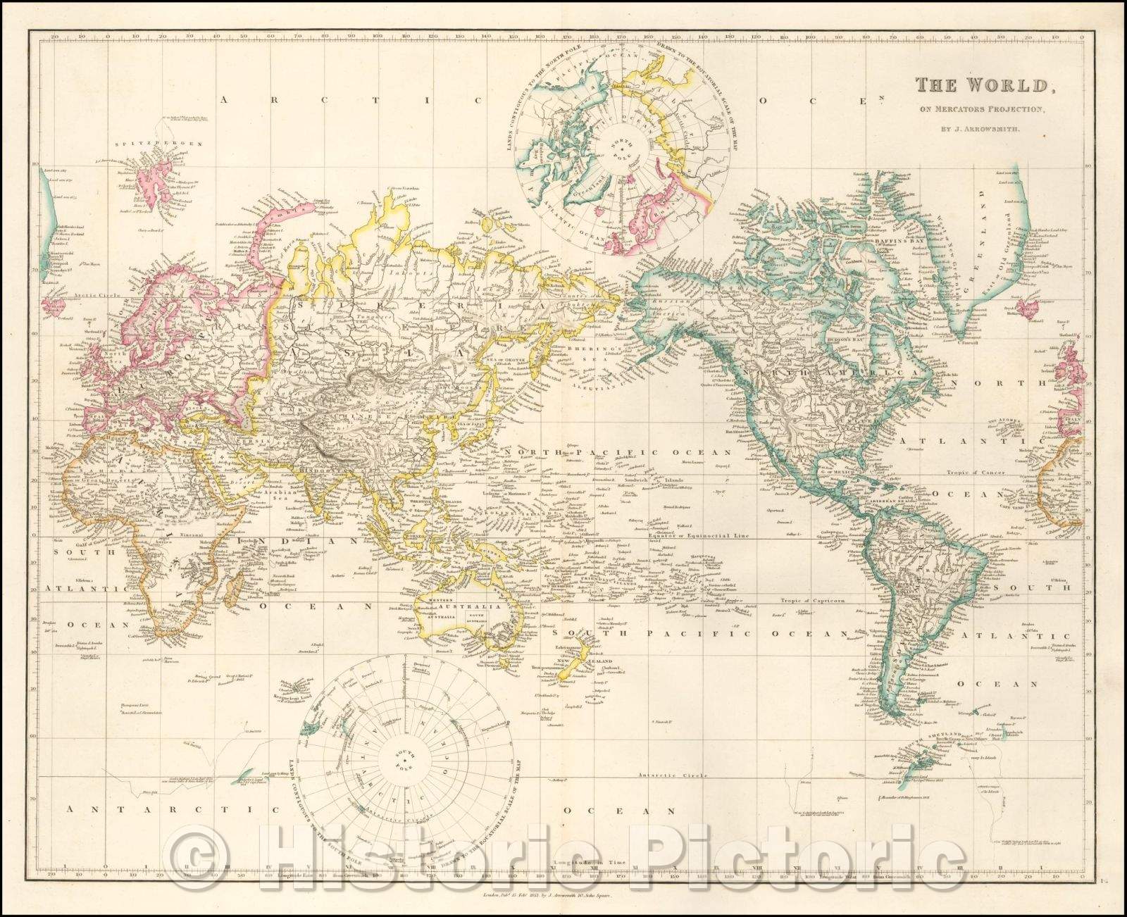 Historic Map - The World, On Mercator's Projection, 1853, John Arrowsmith - Vintage Wall Art