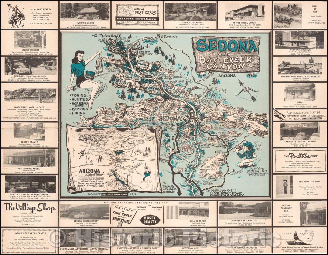 Historic Map - Sedona and Oak Creek Canyon (Flagstaff on verso), 1958, Millett Brothers - Vintage Wall Art