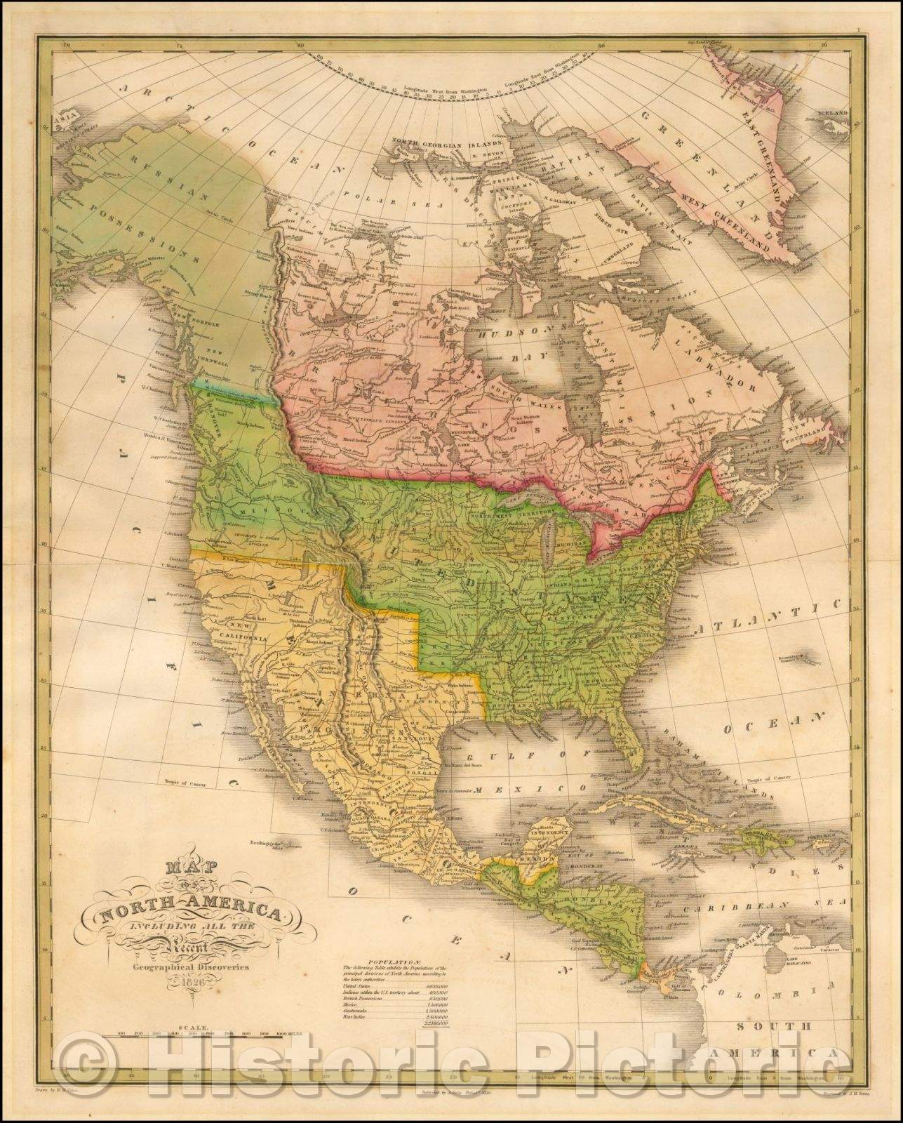 Historic Map - Map of North America Including All The Recent Georgraphical Discoveries, 1826, Anthony Finley - Vintage Wall Art