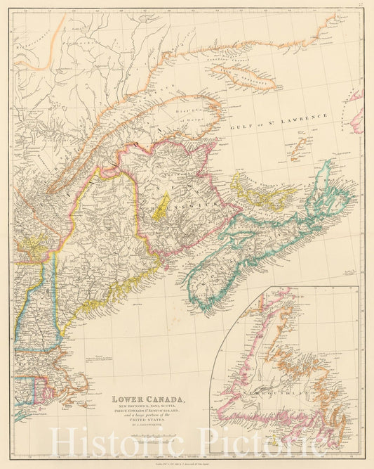 Historic Map - Lower Canada, New Brunswick, Nova Scotia, Prince Edward Id, Newfoundland, and a large portion of the United States, 1853, John Arrowsmith - Vintage Wall Art