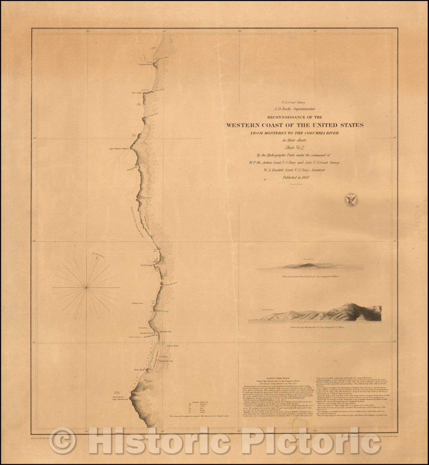 Historic Map - Umpquah River to Cape Mendocino Reconnaissance of the Western Coast of the United States From Monterey To The Columbia River, 1850 - Vintage Wall Art