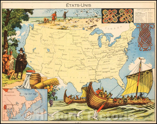 Historic Map - Etats-Unis, 1950, Joseph Porphyre Pinchon - Vintage Wall Art