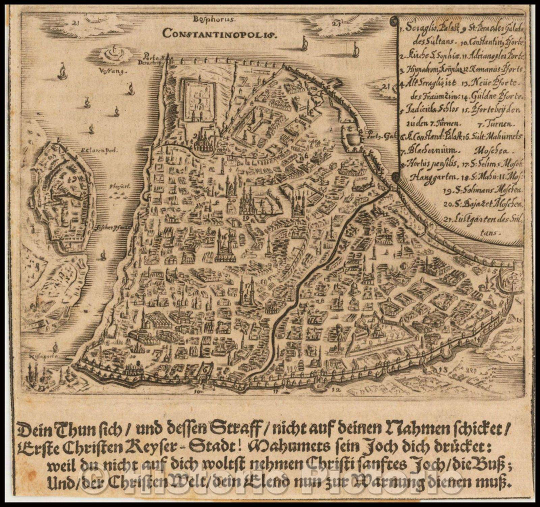 Historic Map - Constantinopolis/Braun & Hogenberg's View of Istanbul, 1668, Sigmund von Birken - Vintage Wall Art