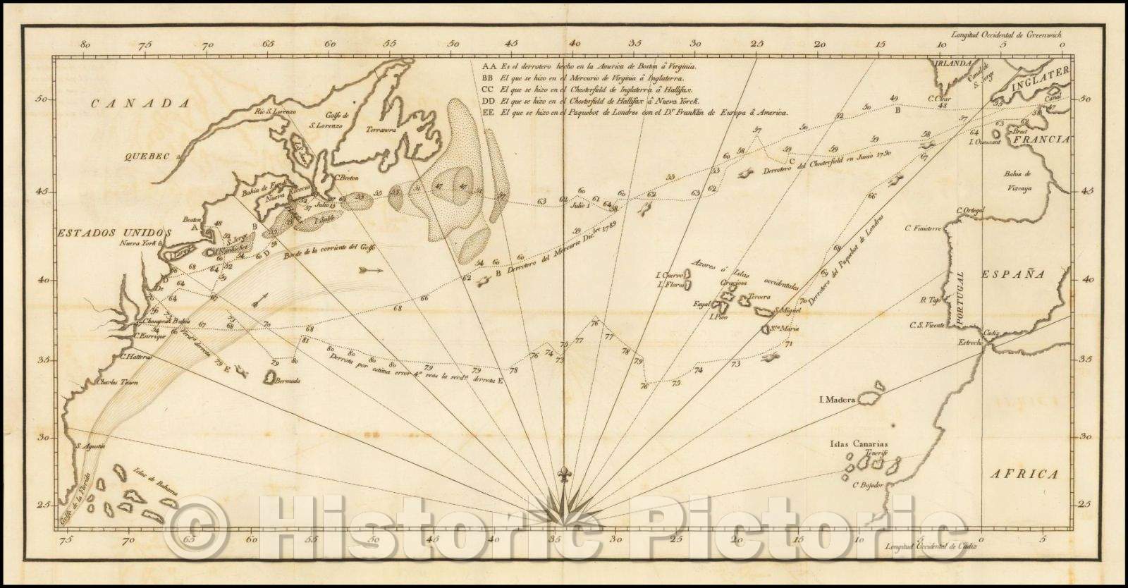Historic Map - [Chart of the Gulf Stream] Memoria sobre el uso del Term?etro :: Spanish Translation on the First Scientific Observations on the Gulf Stream, 1794 - Vintage Wall Art