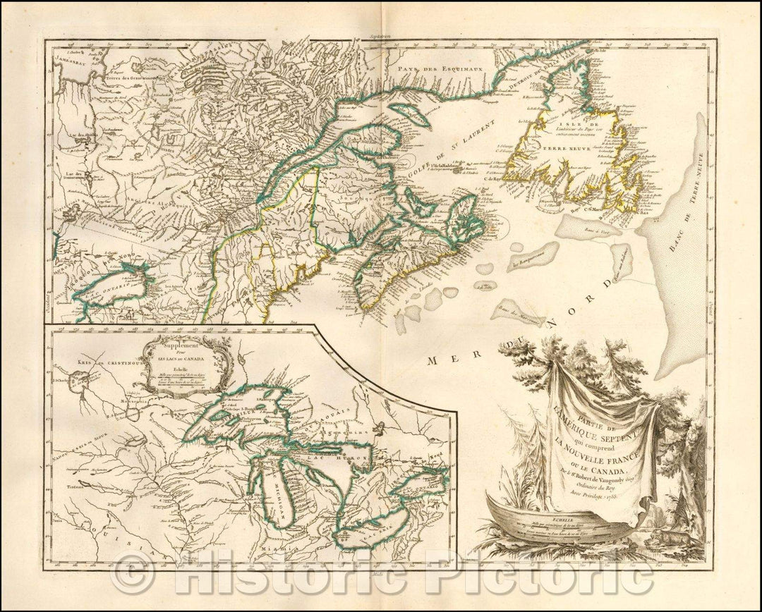 Historic Map - Partie De L'Amerique Septent? Qui comprend La Nouvelle France ou Le Canada, 1755, Didier Robert de Vaugondy - Vintage Wall Art