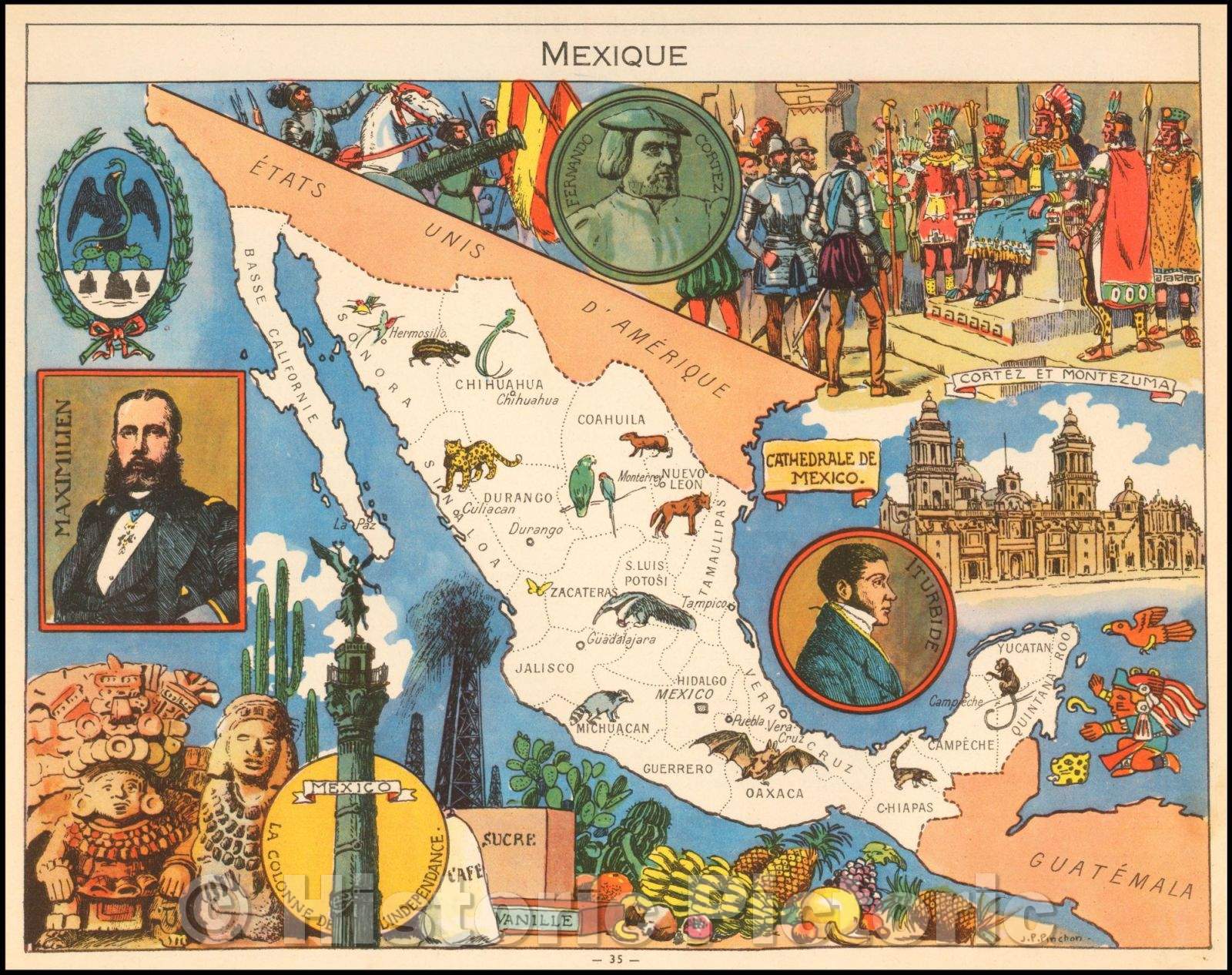 Historic Map - Mexique, 1950, Joseph Porphyre Pinchon - Vintage Wall Art