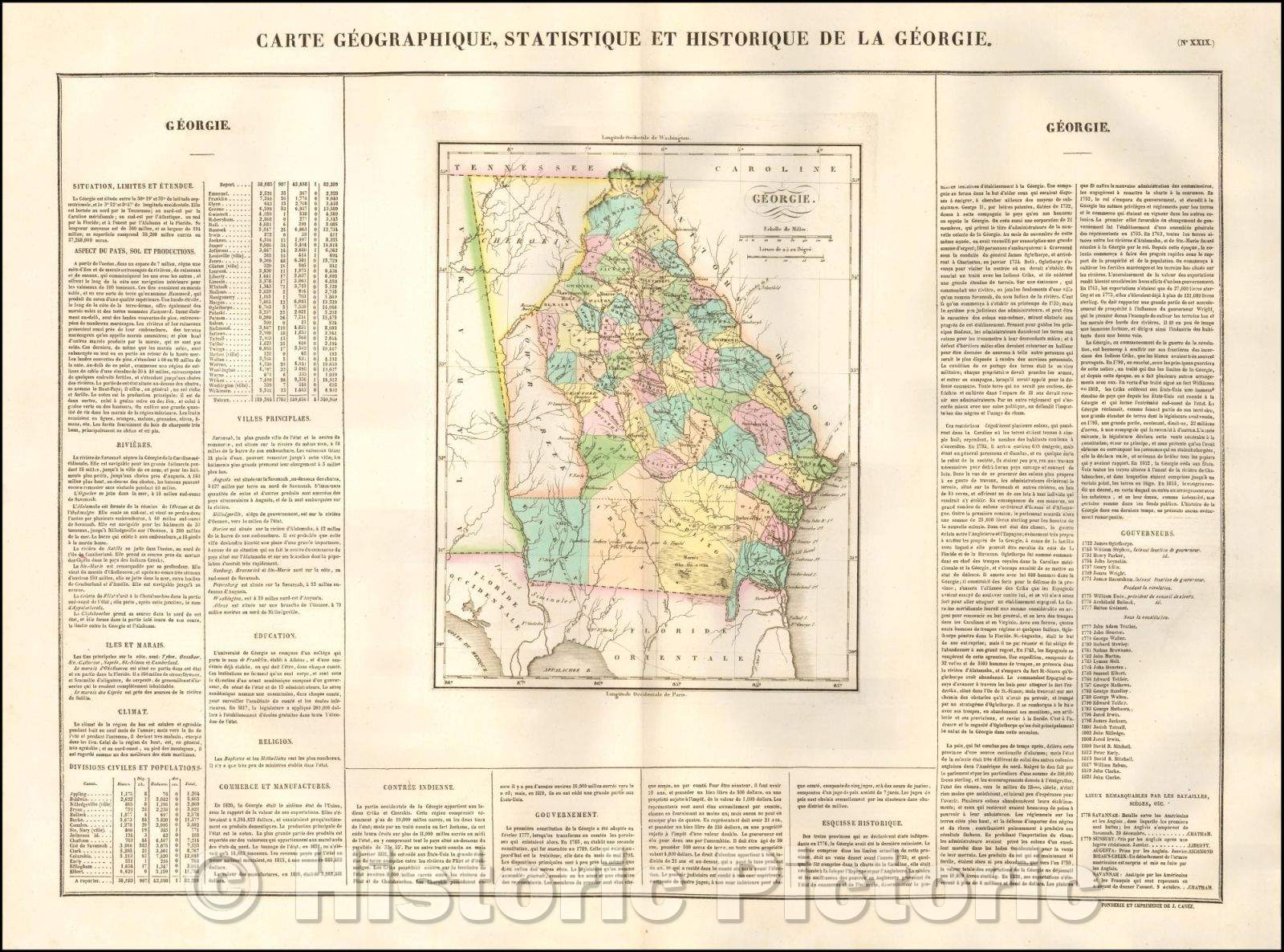 Historic Map - Carte Geographique, Statistique Et Historique De La Georgie/Map of Georgia, Indian lands, the Cherokis and Lower Creek, 1825 - Vintage Wall Art
