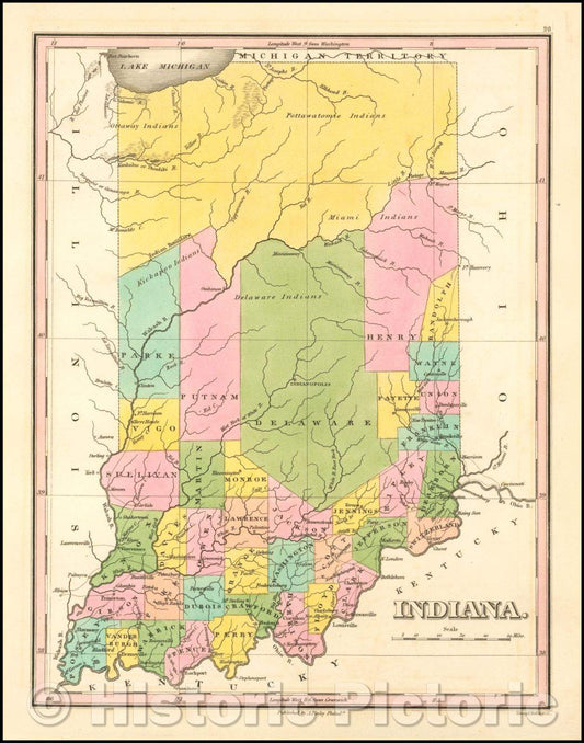 Historic Map - Indiana, 1824, Anthony Finley - Vintage Wall Art