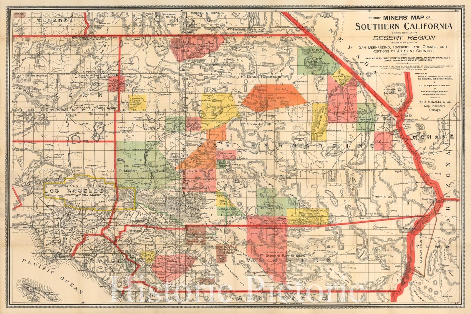 Historic Map - Perris' Miners' of Southern California Showing Specially The Desert Region Embraced In The Counties of San Bernardino, Riverside and Orange, 1896 - Vintage Wall Art