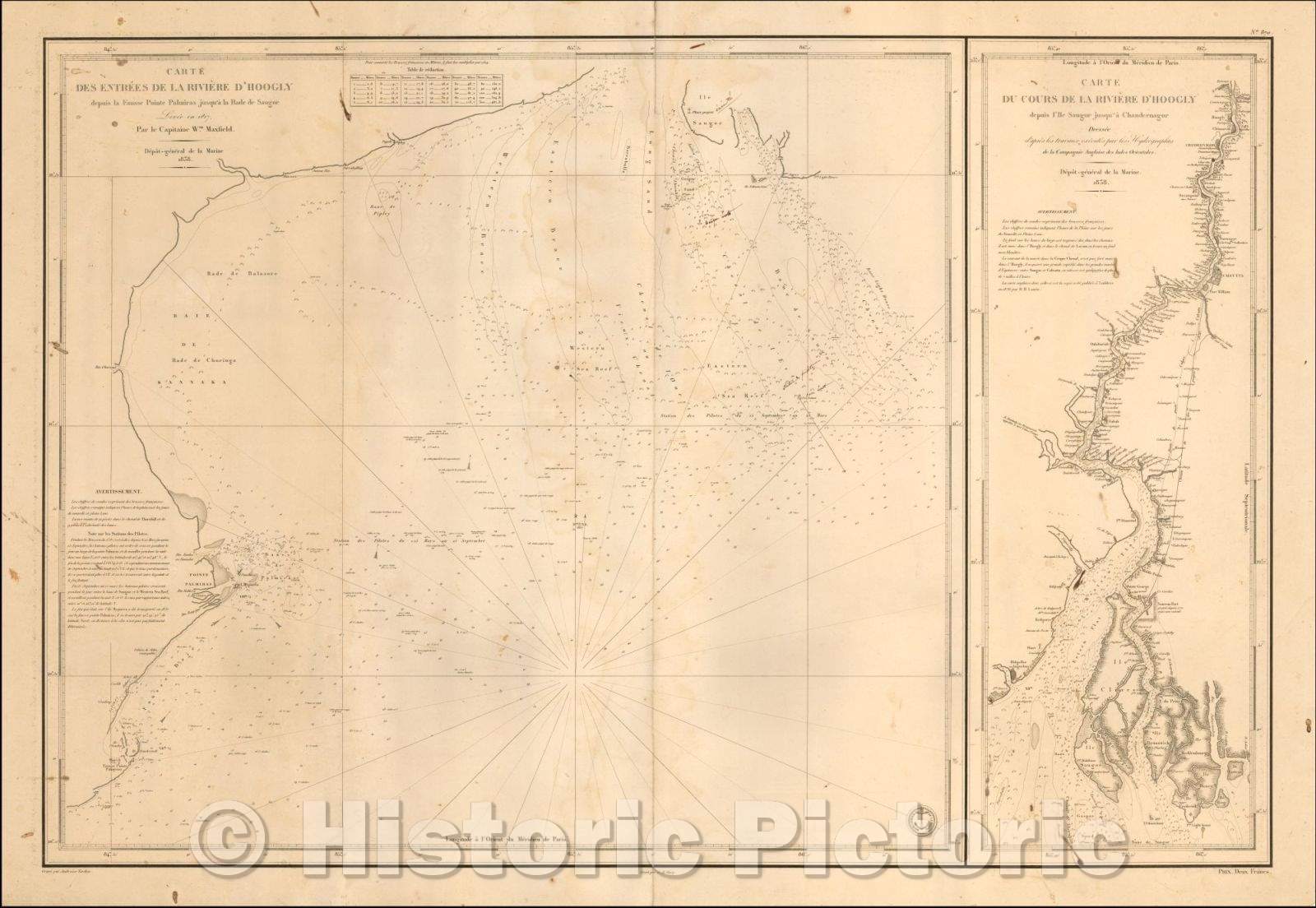Historic Map - Carte Des Entrees De La Riviere D'Hoogly depuis la Fausse Pointe Palmiras :: Des Entrees From The River To Hooghly from False Point Palmiras, 1838 - Vintage Wall Art