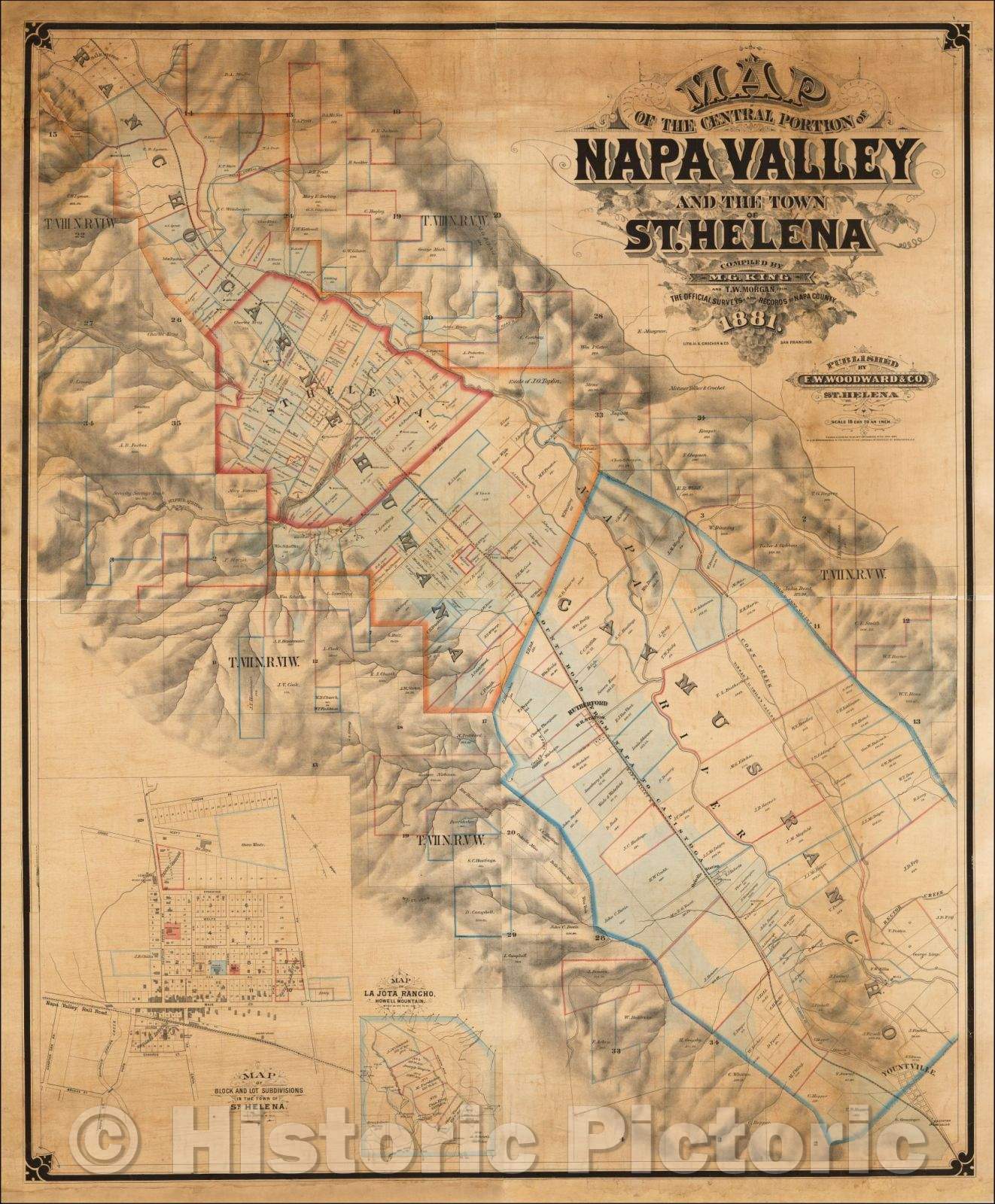 Historic Map - Map of the Central Portions of Napa Valley and the Town of St. Helena, 1881, T. W. Morgan - Vintage Wall Art