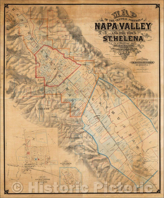 Historic Map - Map of the Central Portions of Napa Valley and the Town of St. Helena, 1881, T. W. Morgan - Vintage Wall Art