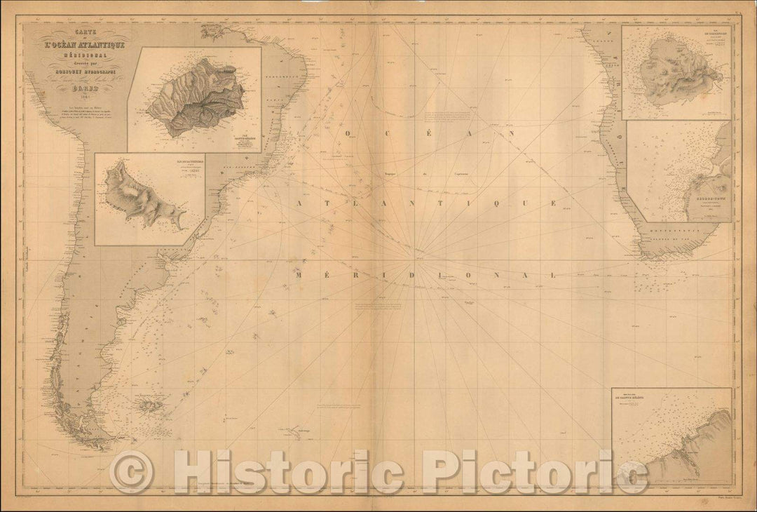 Historic Map - Carte de L'Ocean Atlantique Meridional dressee par Robiquet Hydrographe/French Sea Chart of the South Atlantic, Aime Robiquet, 1868 - Vintage Wall Art
