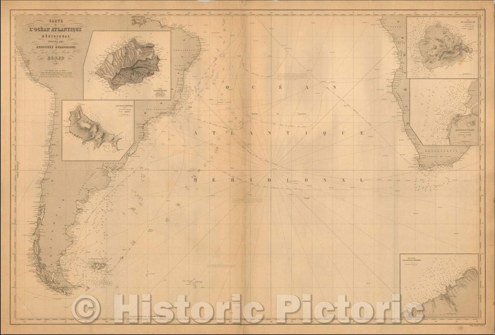 Historic Map - Carte de L'Ocean Atlantique Meridional dressee par Robiquet Hydrographe/French Sea Chart of the South Atlantic, Aime Robiquet, 1868 - Vintage Wall Art