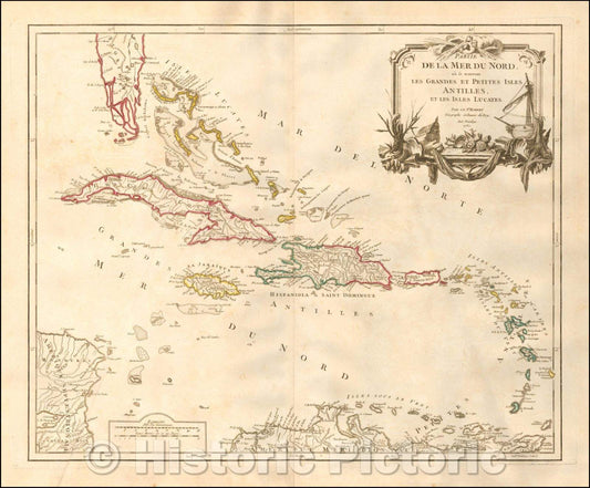 Historic Map - Partie De La Mer Du Nord, ou se trouvent Les Grandes Et Petites Antilles, 1755 - Vintage Wall Art