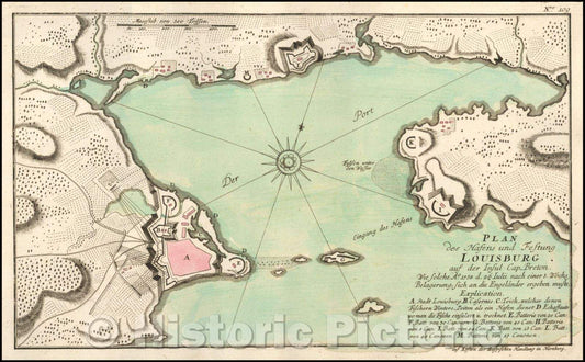 Historic Map - Plan des Hafens und Festung Louisbourg auf der Ins :: French and Indian War Plan,Louisbourg, from Raspe's Schauplatz des Gegenwaertigen Kriegs, 1764 - Vintage Wall Art