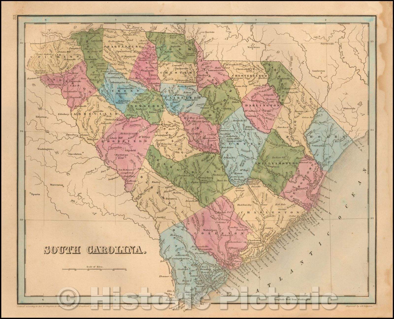 Historic Map - South Carolina, 1847, Thomas Gamaliel Bradford - Vintage Wall Art