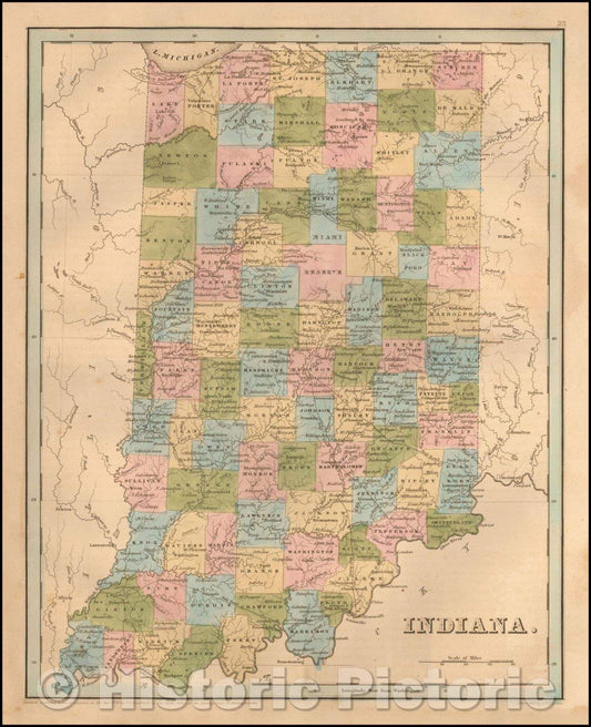 Historic Map - Indiana, 1841, Thomas Gamaliel Bradford - Vintage Wall Art