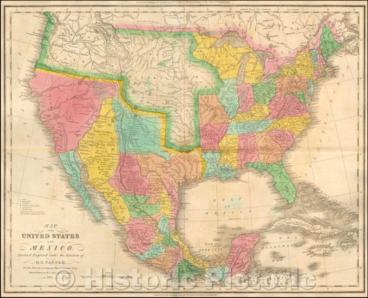 Historic Map - Map of the United States and Mexico, 1832, Henry Schenk Tanner - Vintage Wall Art