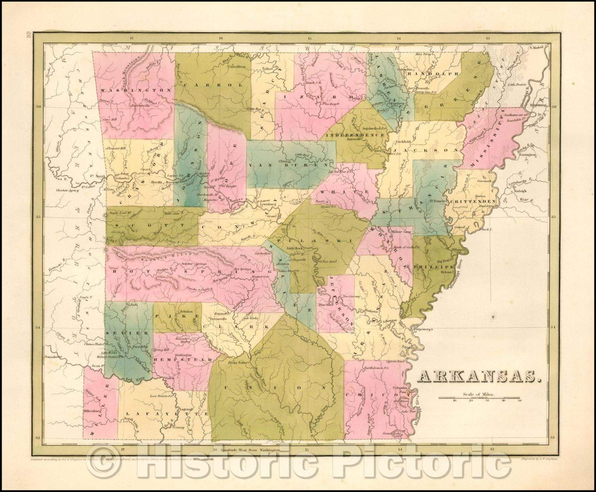 Historic Map - Arkansas, 1838, Thomas Gamaliel Bradford - Vintage Wall Art