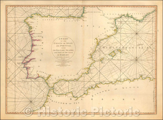 Historic Map - A Chart of the Coasts of Spain and Portugal, with the Balearic Islands, and Part of the Coast of Barbary. MDCCLXXX. 2d. Edition, 1780 v2