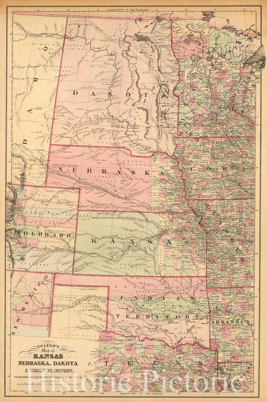 Historic Map - Colton's Map of Kansas, Nebraska, Dakota, Indian Territory, 1865, Joseph Hutchins Colton v2