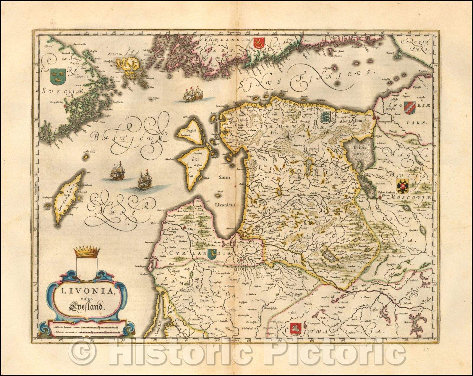 Historic Map - Livonia vulgo Lyefland, 1640, Willem Janszoon Blaeu - Vintage Wall Art