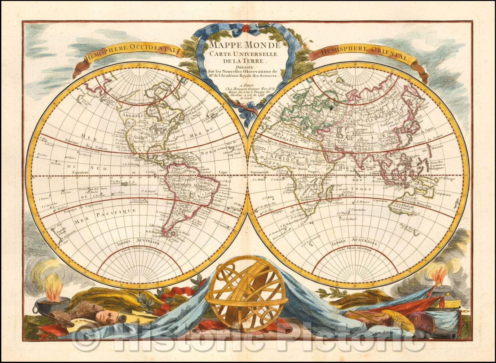 Historic Map - Mappe Monde Carte Universelle De La Terre Dressee Sure les Nouvelles Obser :: World Of The Earth World drawn Sure News Mrs. Observations L'Academ, 1766 - Vintage Wall Art