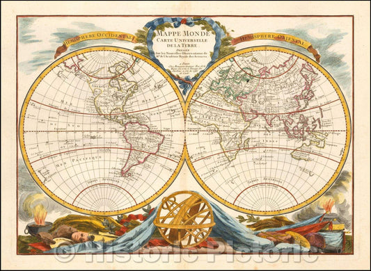 Historic Map - Mappe Monde Carte Universelle De La Terre Dressee Sure les Nouvelles Obser :: World Of The Earth World drawn Sure News Mrs. Observations L'Academ, 1766 - Vintage Wall Art